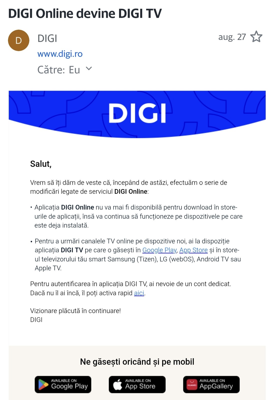 Adio, DIGI Online! Rămânem cu DIGI TV.