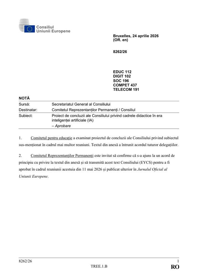 Consiliul Uniunii Europene cere reguli clare pentru IA în educație și sprijin pentru profesori