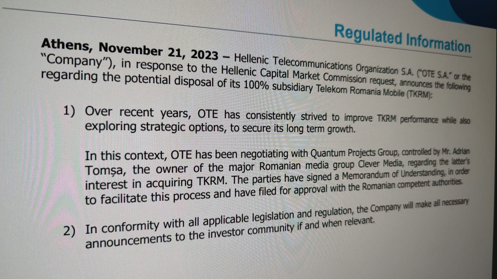Proprietarul Prima Tv cumpără Telekom Romania Mobile?