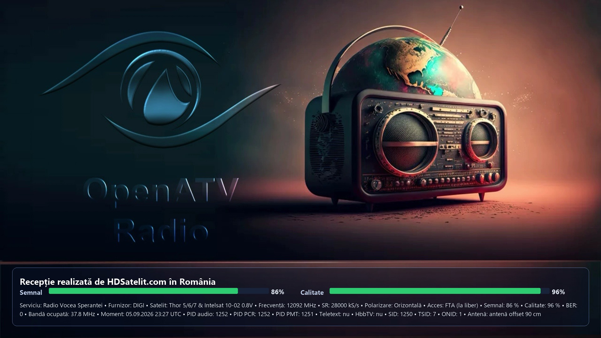 Radio Vocea Sperantei receptionat in Romania pe 12.092 GHz orizontal de la 0,8 grade vest, cu datele de receptie