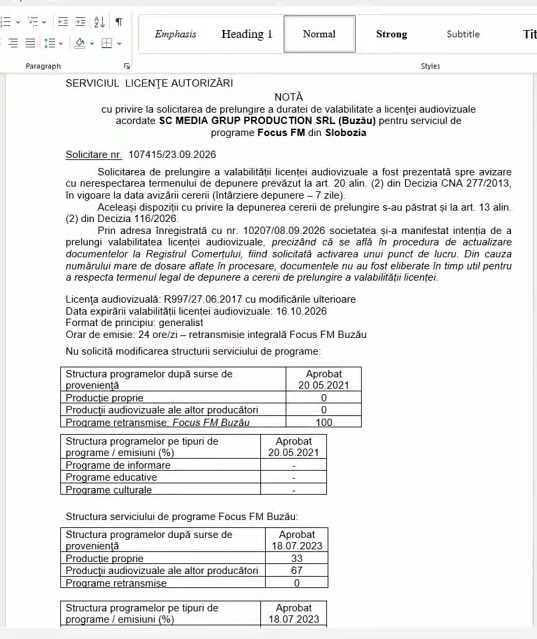CNA a prelungit licențele audiovizuale pentru Focus FM Slobozia și Radio Bistrița