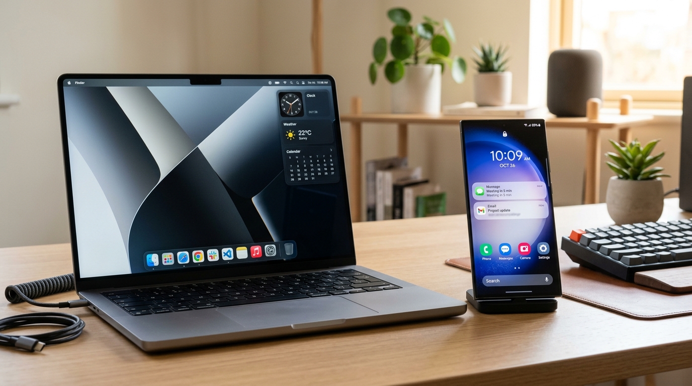 Laptop și smartphone rulând sisteme de operare moderne
