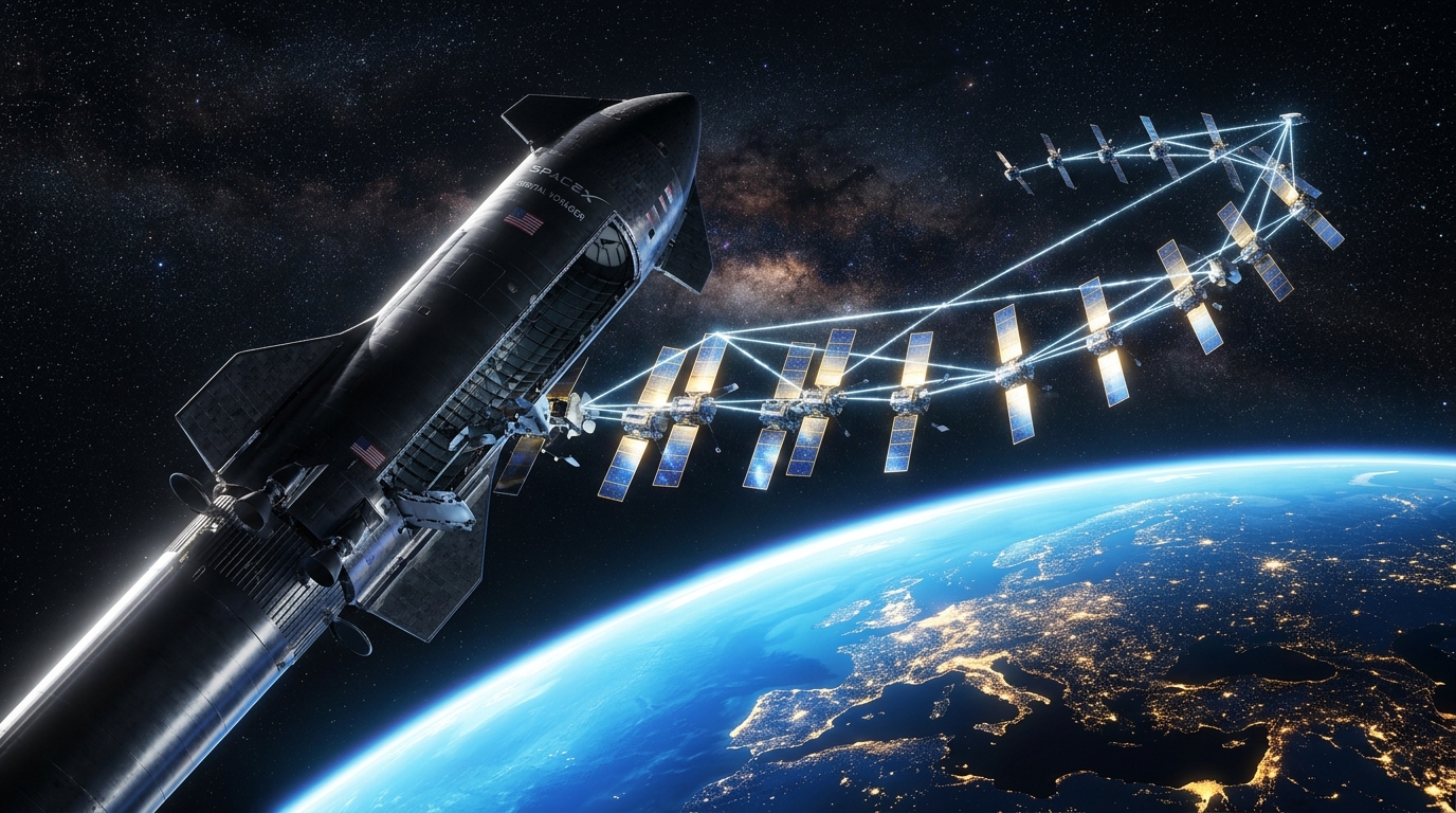 Vehiculul spațial Starship eliberând sateliți de telecomunicații