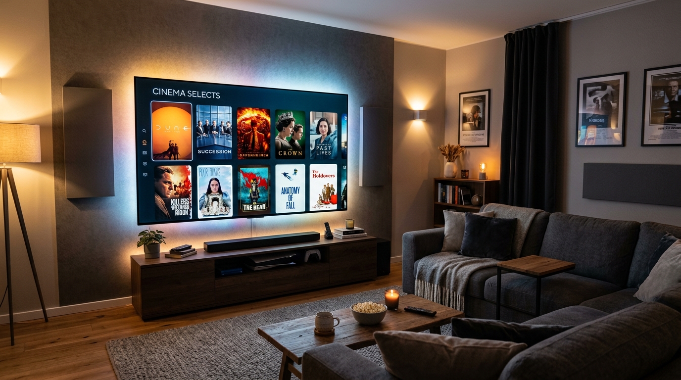 Televizor modern afișând postere de filme și seriale